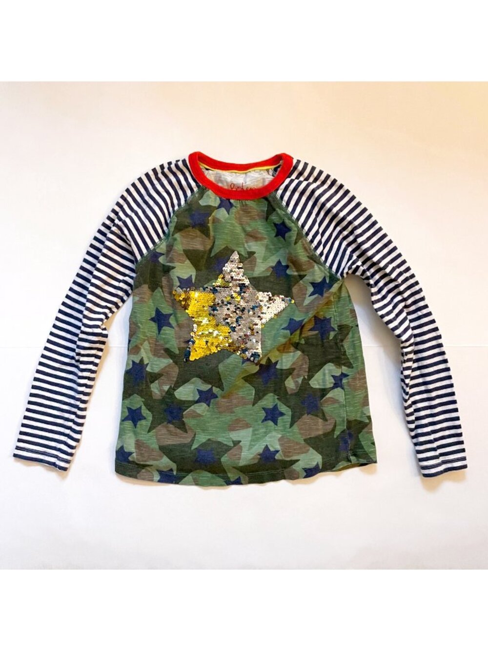 Mini Boden Flip-Sequin Star Long Sleeve Camo And Stripes, Size 9/10